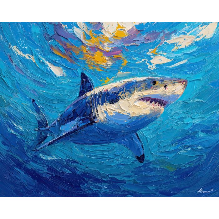 shark, palette knife, oil painting, impasto, textured surface, artwork, expressive, modern, creative, visual art, illustration, bold colors, painterly, contemporary, graphic, conceptual