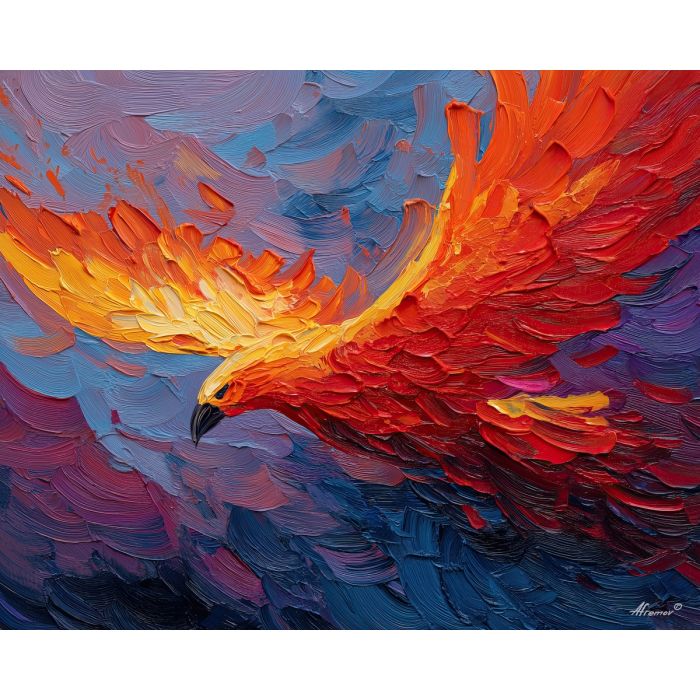 phoenix, palette knife, oil painting, impasto, textured surface, artwork, expressive, modern, creative, visual art, illustration, bold colors, painterly, contemporary, graphic, conceptual