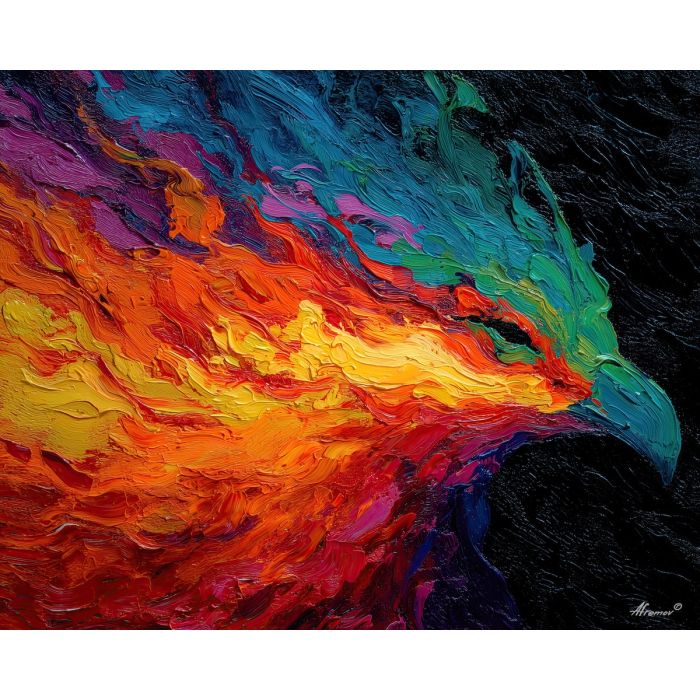 phoenix, palette knife, oil painting, impasto, textured surface, artwork, expressive, modern, creative, visual art, illustration, bold colors, painterly, contemporary, graphic, conceptual