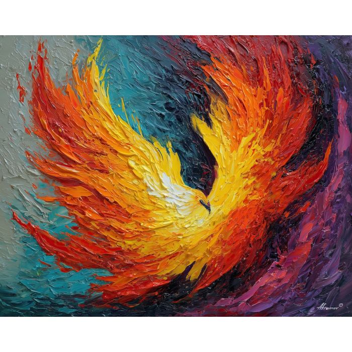 phoenix, palette knife, oil painting, impasto, textured surface, artwork, expressive, modern, creative, visual art, illustration, bold colors, painterly, contemporary, graphic, conceptual
