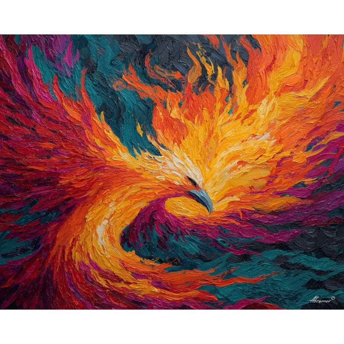 phoenix, palette knife, oil painting, impasto, textured surface, artwork, expressive, modern, creative, visual art, illustration, bold colors, painterly, contemporary, graphic, conceptual
