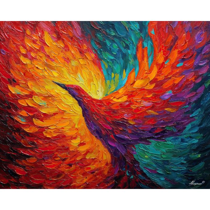 phoenix, palette knife, oil painting, impasto, textured surface, artwork, expressive, modern, creative, visual art, illustration, bold colors, painterly, contemporary, graphic, conceptual