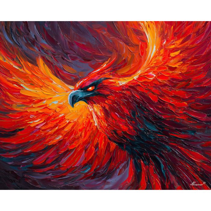 phoenix, palette knife, oil painting, impasto, textured surface, artwork, expressive, modern, creative, visual art, illustration, bold colors, painterly, contemporary, graphic, conceptual