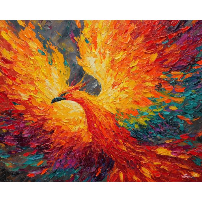 phoenix, palette knife, oil painting, impasto, textured surface, artwork, expressive, modern, creative, visual art, illustration, bold colors, painterly, contemporary, graphic, conceptual