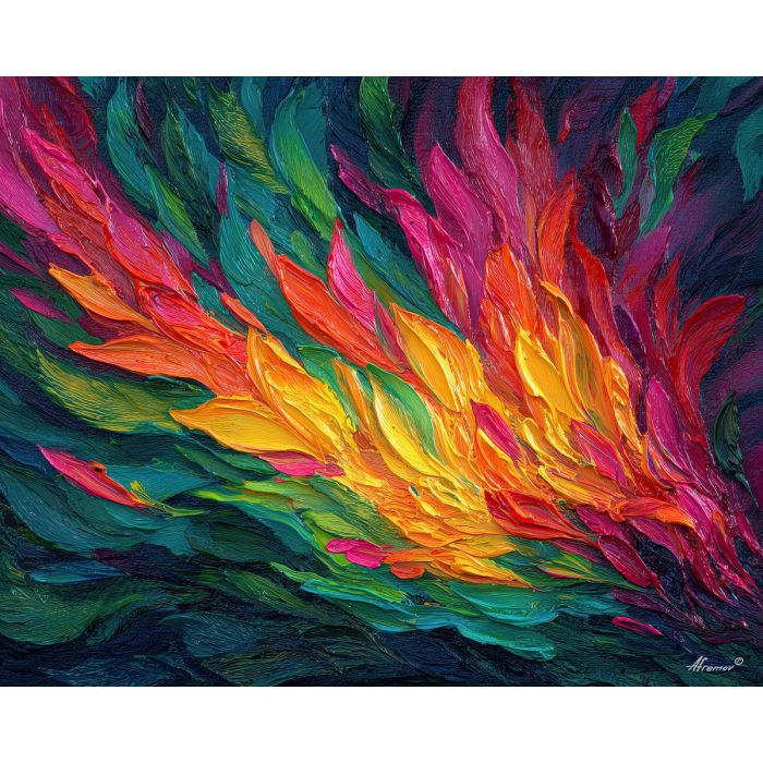phoenix, palette knife, oil painting, impasto, textured surface, artwork, expressive, modern, creative, visual art, illustration, bold colors, painterly, contemporary, graphic, conceptual