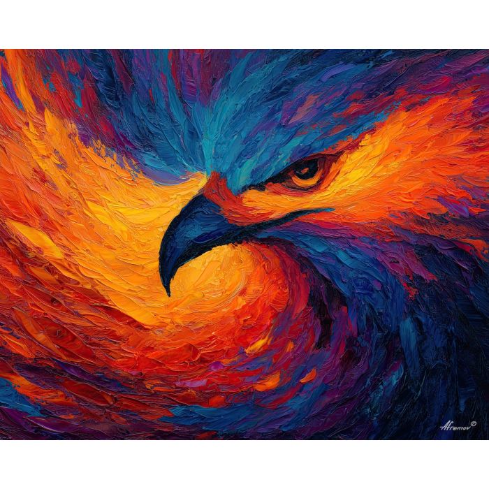 phoenix, palette knife, oil painting, impasto, textured surface, artwork, expressive, modern, creative, visual art, illustration, bold colors, painterly, contemporary, graphic, conceptual