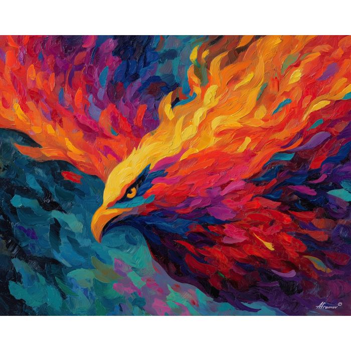 phoenix, palette knife, oil painting, impasto, textured surface, artwork, expressive, modern, creative, visual art, illustration, bold colors, painterly, contemporary, graphic, conceptual