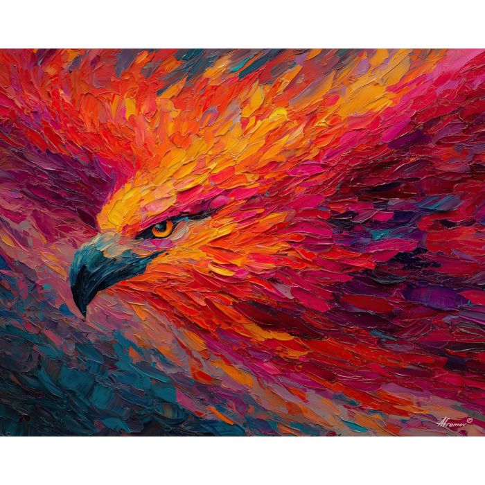 phoenix, palette knife, oil painting, impasto, textured surface, artwork, expressive, modern, creative, visual art, illustration, bold colors, painterly, contemporary, graphic, conceptual