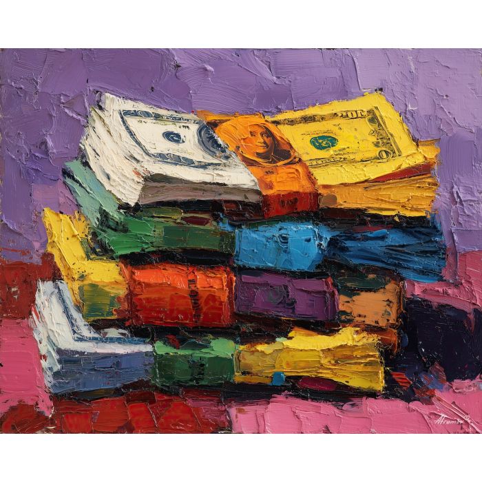 money, palette knife, oil painting, impasto, textured surface, artwork, expressive, modern, creative, visual art, illustration, bold colors, painterly, contemporary, graphic, conceptual