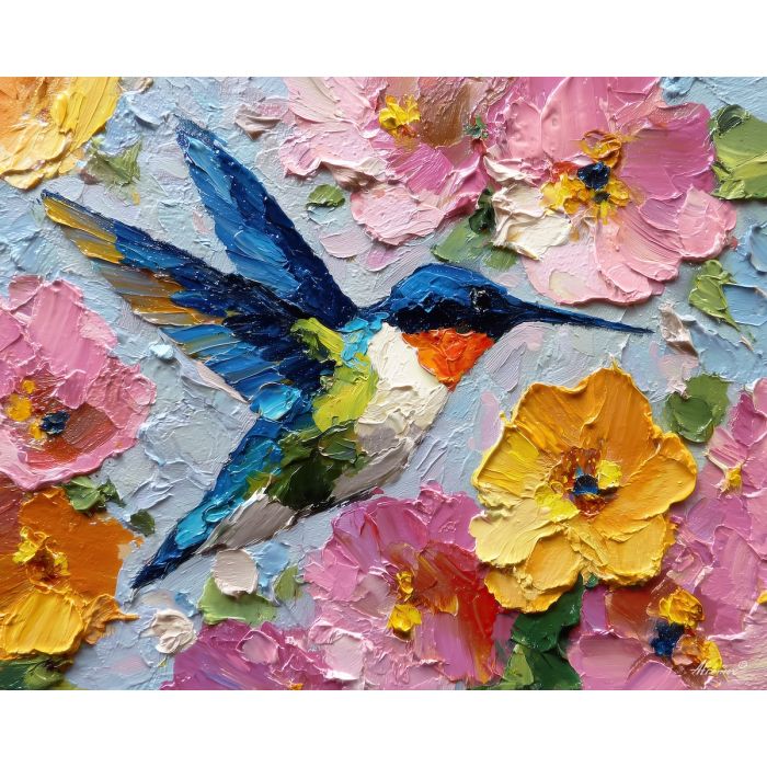 hummingbird, palette knife, oil painting, impasto, textured surface, artwork, expressive, modern, creative, visual art, illustration, bold colors, painterly, contemporary, graphic, conceptual