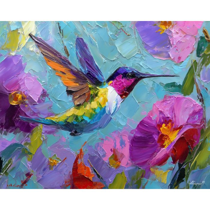 hummingbird, palette knife, oil painting, impasto, textured surface, artwork, expressive, modern, creative, visual art, illustration, bold colors, painterly, contemporary, graphic, conceptual