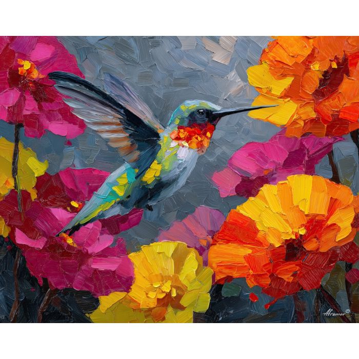 hummingbird, palette knife, oil painting, impasto, textured surface, artwork, expressive, modern, creative, visual art, illustration, bold colors, painterly, contemporary, graphic, conceptual