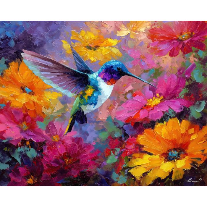 hummingbird, palette knife, oil painting, impasto, textured surface, artwork, expressive, modern, creative, visual art, illustration, bold colors, painterly, contemporary, graphic, conceptual