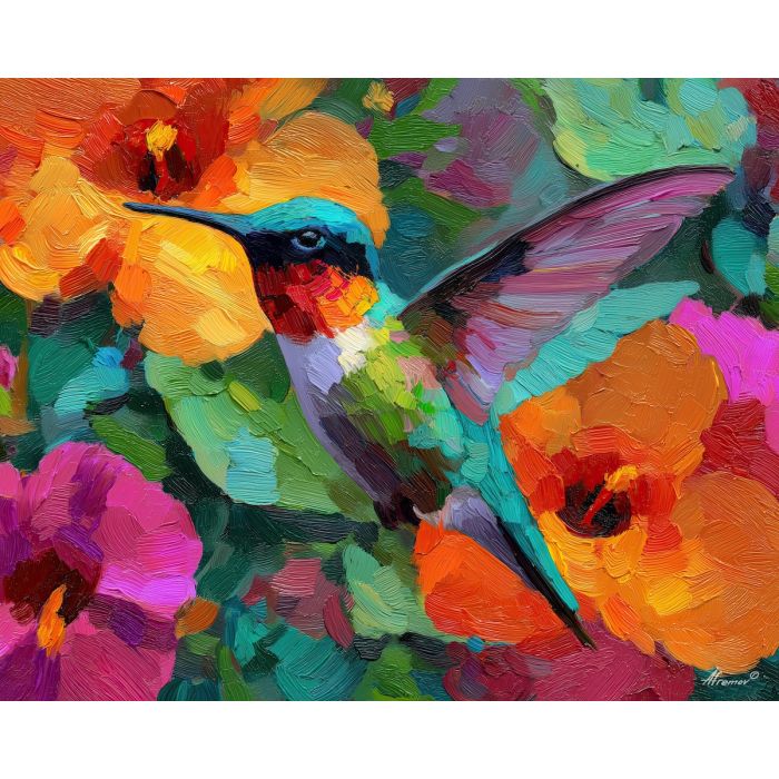hummingbird, palette knife, oil painting, impasto, textured surface, artwork, expressive, modern, creative, visual art, illustration, bold colors, painterly, contemporary, graphic, conceptual