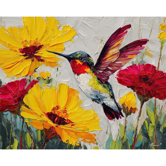 hummingbird, palette knife, oil painting, impasto, textured surface, artwork, expressive, modern, creative, visual art, illustration, bold colors, painterly, contemporary, graphic, conceptual