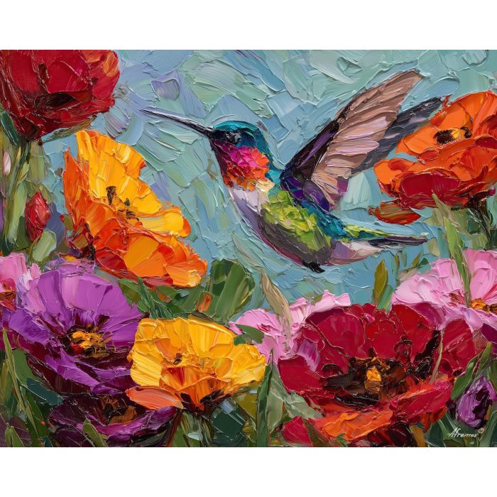 hummingbird, palette knife, oil painting, impasto, textured surface, artwork, expressive, modern, creative, visual art, illustration, bold colors, painterly, contemporary, graphic, conceptual