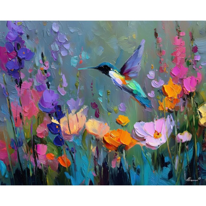 hummingbird, palette knife, oil painting, impasto, textured surface, artwork, expressive, modern, creative, visual art, illustration, bold colors, painterly, contemporary, graphic, conceptual