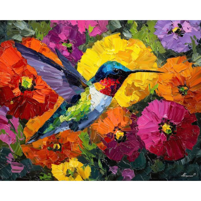 hummingbird, palette knife, oil painting, impasto, textured surface, artwork, expressive, modern, creative, visual art, illustration, bold colors, painterly, contemporary, graphic, conceptual