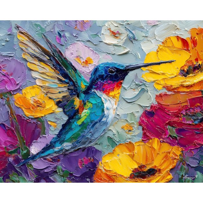 hummingbird, palette knife, oil painting, impasto, textured surface, artwork, expressive, modern, creative, visual art, illustration, bold colors, painterly, contemporary, graphic, conceptual