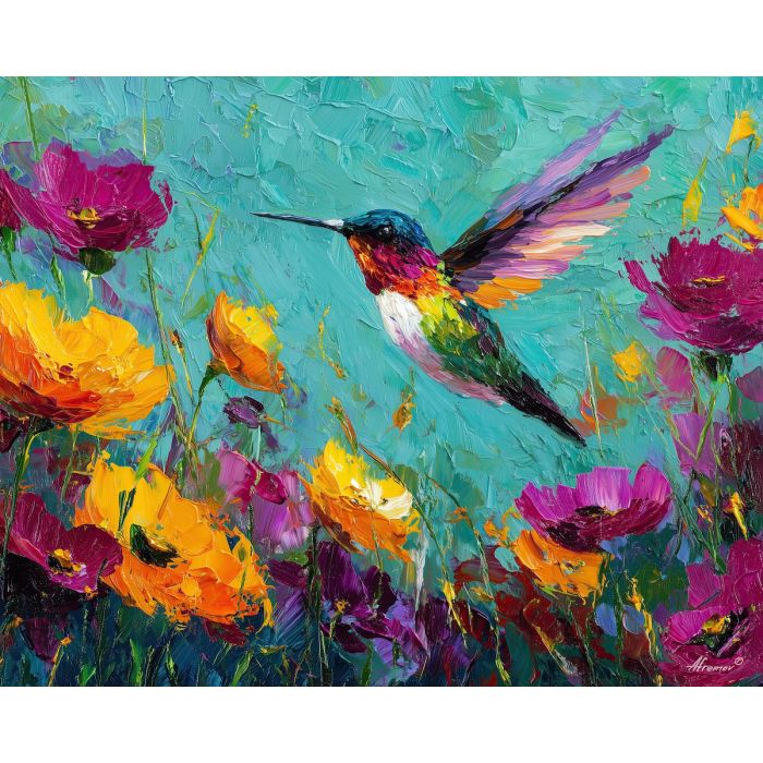 hummingbird, palette knife, oil painting, impasto, textured surface, artwork, expressive, modern, creative, visual art, illustration, bold colors, painterly, contemporary, graphic, conceptual