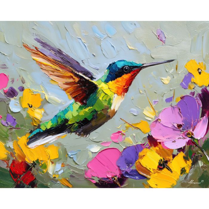 hummingbird, palette knife, oil painting, impasto, textured surface, artwork, expressive, modern, creative, visual art, illustration, bold colors, painterly, contemporary, graphic, conceptual