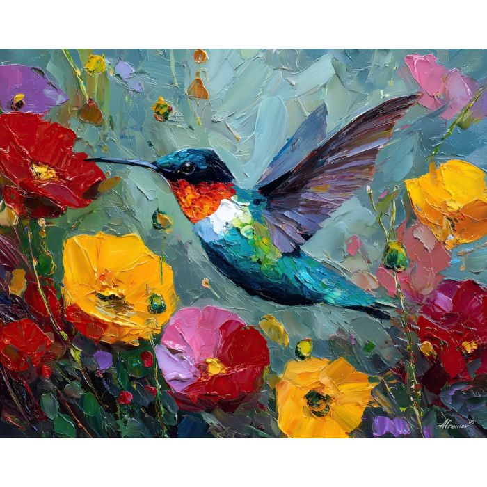 hummingbird, palette knife, oil painting, impasto, textured surface, artwork, expressive, modern, creative, visual art, illustration, bold colors, painterly, contemporary, graphic, conceptual