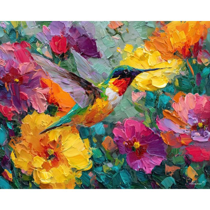 hummingbird, palette knife, oil painting, impasto, textured surface, artwork, expressive, modern, creative, visual art, illustration, bold colors, painterly, contemporary, graphic, conceptual