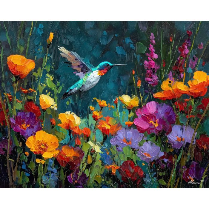 hummingbird, palette knife, oil painting, impasto, textured surface, artwork, expressive, modern, creative, visual art, illustration, bold colors, painterly, contemporary, graphic, conceptual