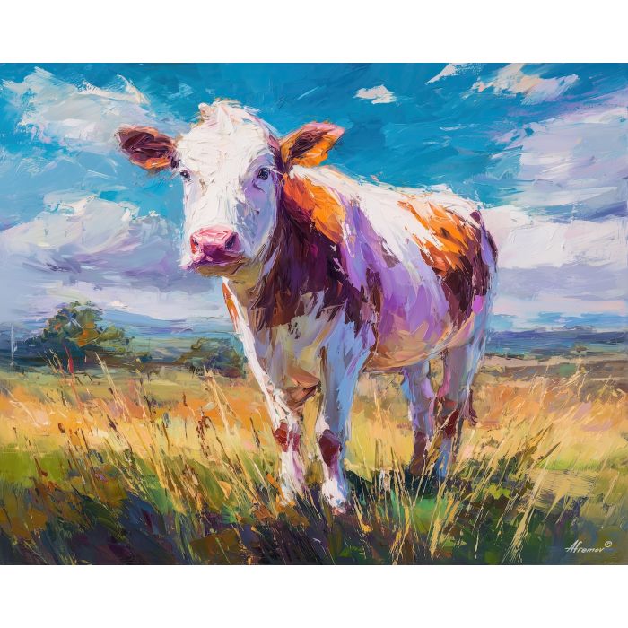 cow, palette knife, oil painting, impasto, textured surface, artwork, expressive, modern, creative, visual art, illustration, bold colors, painterly, contemporary, graphic, conceptual