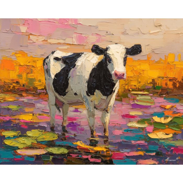 cow, palette knife, oil painting, impasto, textured surface, artwork, expressive, modern, creative, visual art, illustration, bold colors, painterly, contemporary, graphic, conceptual