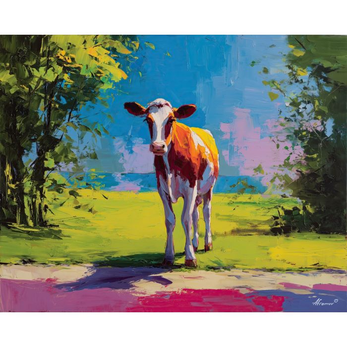 cow, palette knife, oil painting, impasto, textured surface, artwork, expressive, modern, creative, visual art, illustration, bold colors, painterly, contemporary, graphic, conceptual
