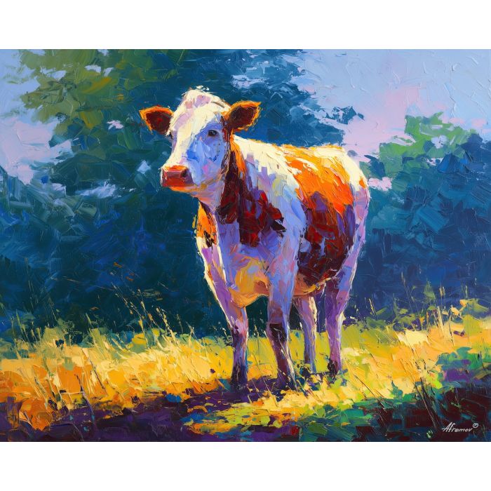 cow, palette knife, oil painting, impasto, textured surface, artwork, expressive, modern, creative, visual art, illustration, bold colors, painterly, contemporary, graphic, conceptual