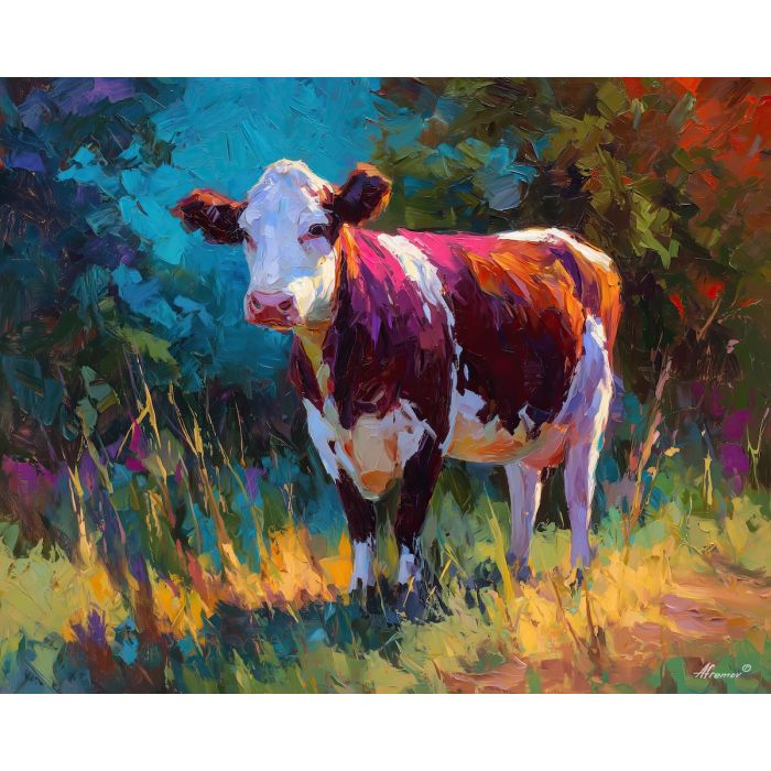 cow, palette knife, oil painting, impasto, textured surface, artwork, expressive, modern, creative, visual art, illustration, bold colors, painterly, contemporary, graphic, conceptual