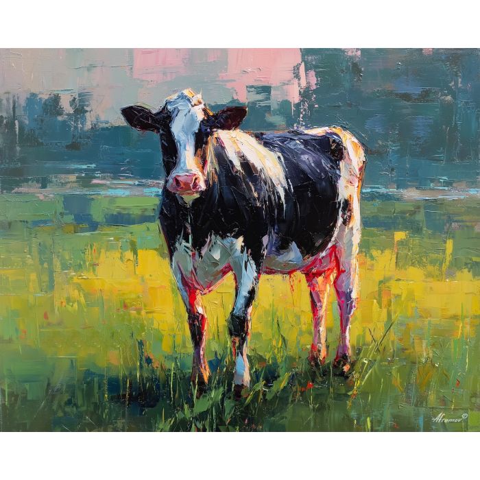 cow, palette knife, oil painting, impasto, textured surface, artwork, expressive, modern, creative, visual art, illustration, bold colors, painterly, contemporary, graphic, conceptual