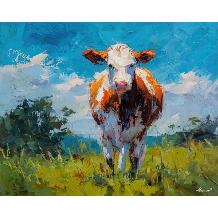 cow, palette knife, oil painting, impasto, textured surface, artwork, expressive, modern, creative, visual art, illustration, bold colors, painterly, contemporary, graphic, conceptual