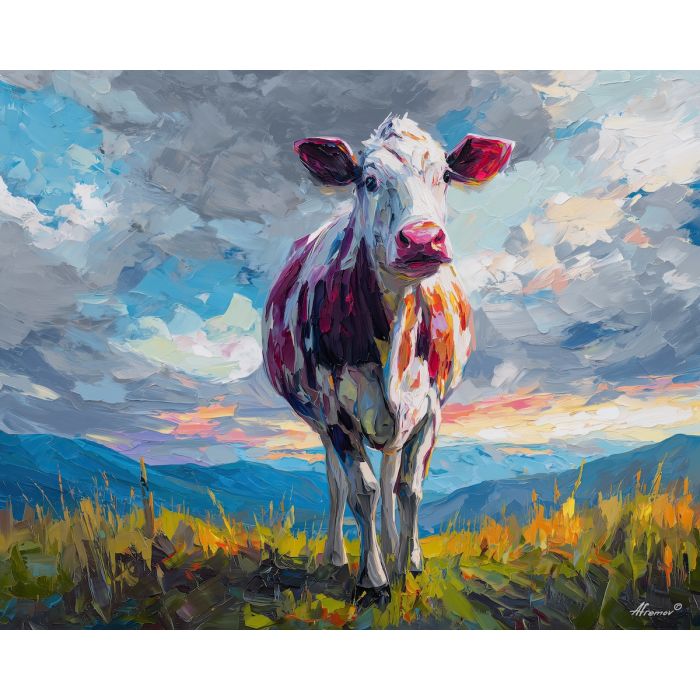 cow, palette knife, oil painting, impasto, textured surface, artwork, expressive, modern, creative, visual art, illustration, bold colors, painterly, contemporary, graphic, conceptual