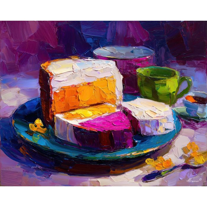 cake, palette knife, oil painting, impasto, textured surface, artwork, expressive, modern, creative, visual art, illustration, bold colors, painterly, contemporary, graphic, conceptual