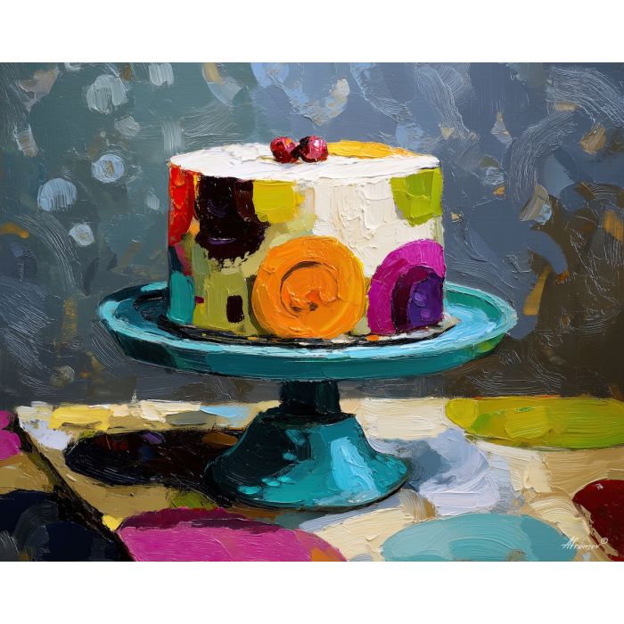 cake, palette knife, oil painting, impasto, textured surface, artwork, expressive, modern, creative, visual art, illustration, bold colors, painterly, contemporary, graphic, conceptual