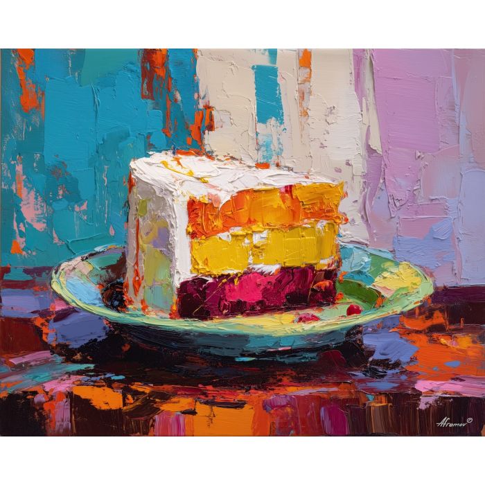 cake, palette knife, oil painting, impasto, textured surface, artwork, expressive, modern, creative, visual art, illustration, bold colors, painterly, contemporary, graphic, conceptual