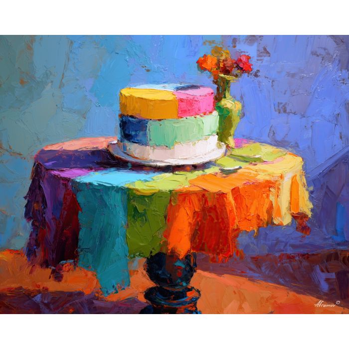 cake, palette knife, oil painting, impasto, textured surface, artwork, expressive, modern, creative, visual art, illustration, bold colors, painterly, contemporary, graphic, conceptual