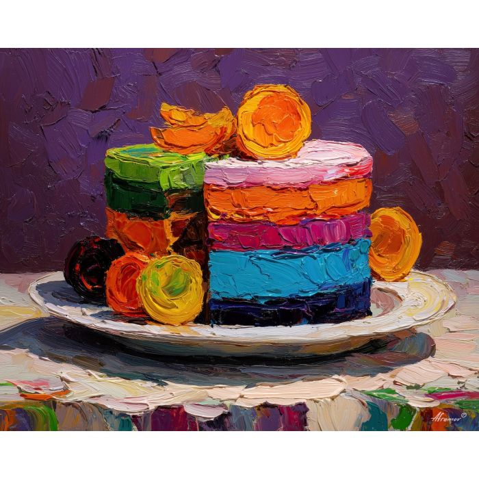 cake, palette knife, oil painting, impasto, textured surface, artwork, expressive, modern, creative, visual art, illustration, bold colors, painterly, contemporary, graphic, conceptual
