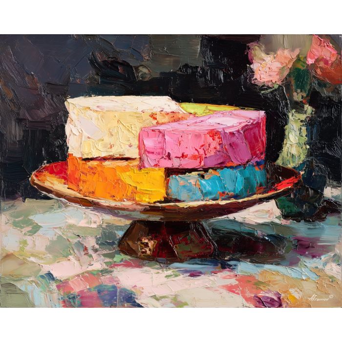 cake, palette knife, oil painting, impasto, textured surface, artwork, expressive, modern, creative, visual art, illustration, bold colors, painterly, contemporary, graphic, conceptual