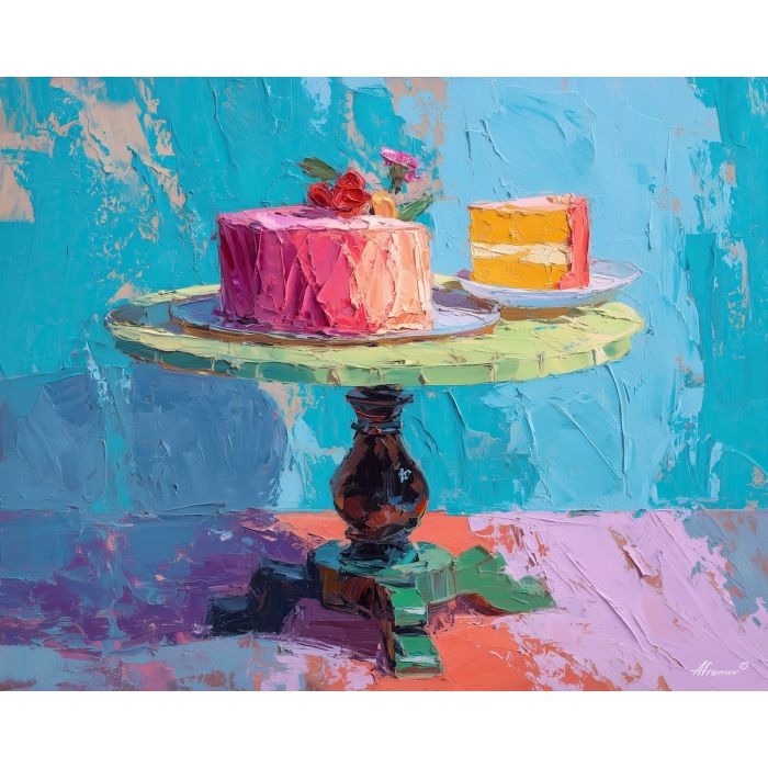 cake, palette knife, oil painting, impasto, textured surface, artwork, expressive, modern, creative, visual art, illustration, bold colors, painterly, contemporary, graphic, conceptual