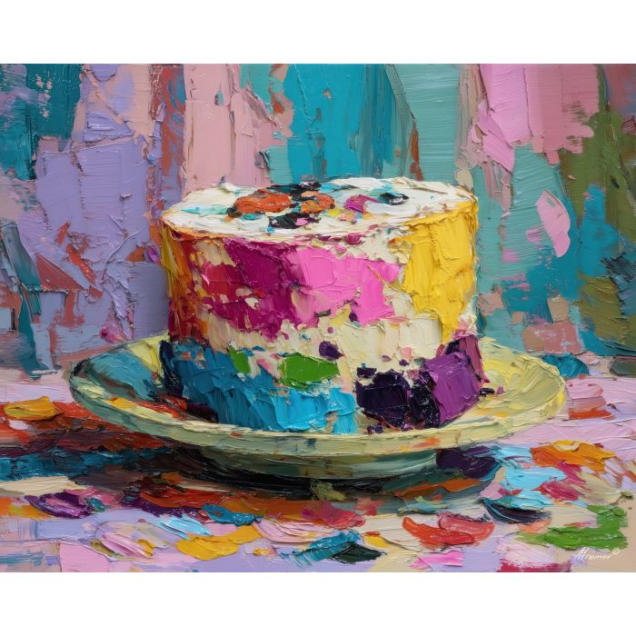 cake, palette knife, oil painting, impasto, textured surface, artwork, expressive, modern, creative, visual art, illustration, bold colors, painterly, contemporary, graphic, conceptual