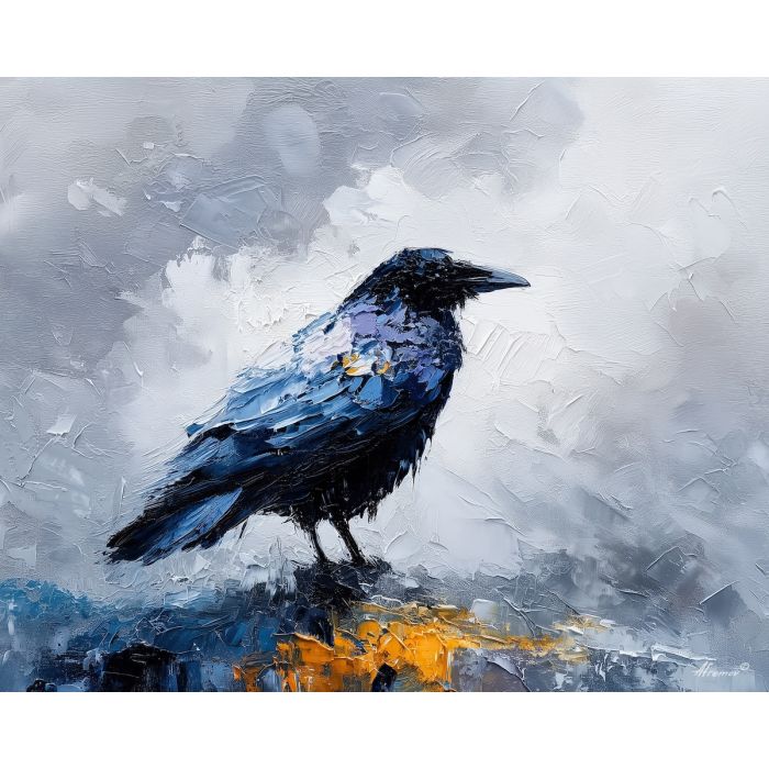 crow, palette knife, oil painting, impasto, textured surface, modern art, symbolic, expressive, visual art, creative, painterly, bold colors, contemporary, conceptual, illustrative, abstract