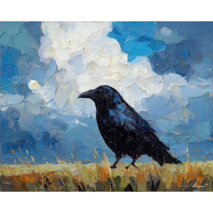 crow, palette knife, oil painting, impasto, textured surface, modern art, symbolic, expressive, visual art, creative, painterly, bold colors, contemporary, conceptual, illustrative, abstract