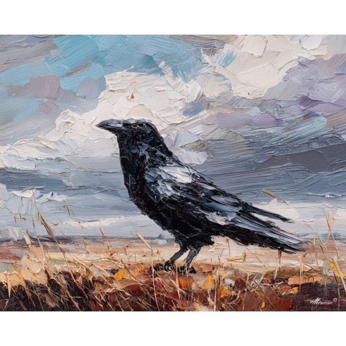 crow, palette knife, oil painting, impasto, textured surface, modern art, symbolic, expressive, visual art, creative, painterly, bold colors, contemporary, conceptual, illustrative, abstract