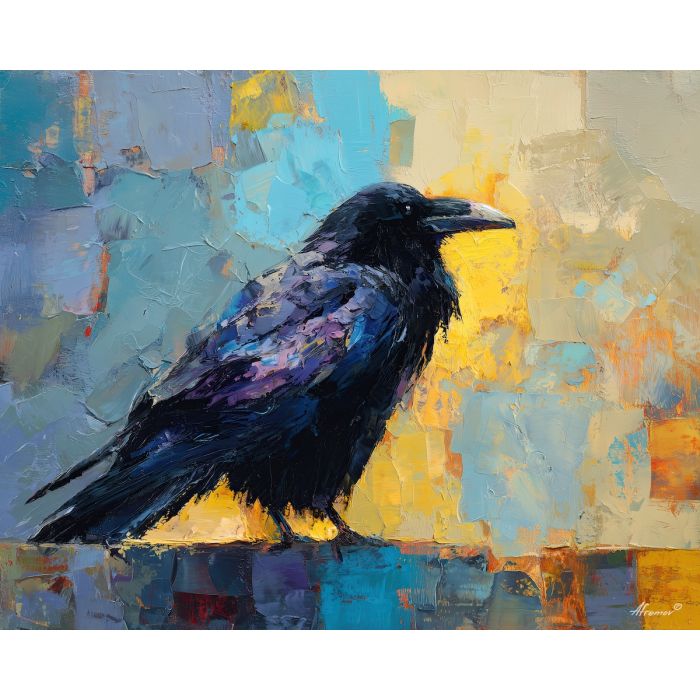crow, palette knife, oil painting, impasto, textured surface, modern art, symbolic, expressive, visual art, creative, painterly, bold colors, contemporary, conceptual, illustrative, abstract