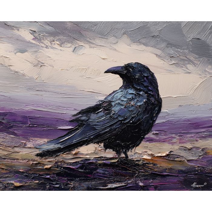 crow, palette knife, oil painting, impasto, textured surface, modern art, symbolic, expressive, visual art, creative, painterly, bold colors, contemporary, conceptual, illustrative, abstract