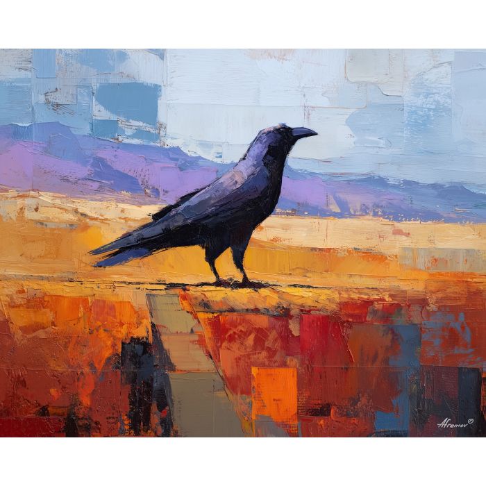 crow, palette knife, oil painting, impasto, textured surface, modern art, symbolic, expressive, visual art, creative, painterly, bold colors, contemporary, conceptual, illustrative, abstract
